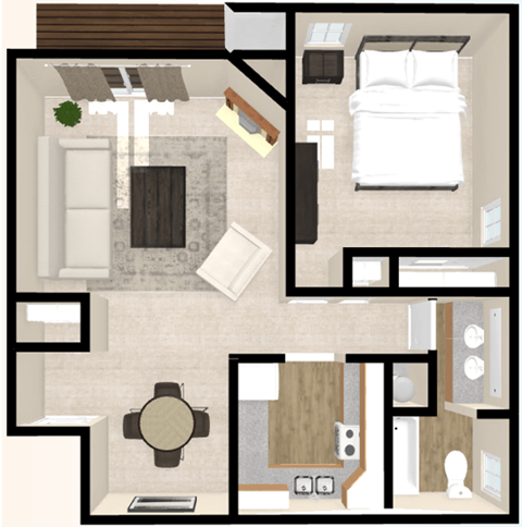 Floor plan for 1 bed, 1 bath, 700 sqft